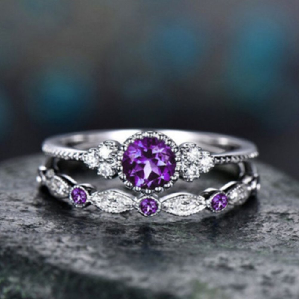 Silver Round Cut Amethyst Ring Set